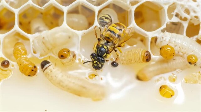 Bee and larvae macro close up inside honeycomb with detailed yellow and brown colors