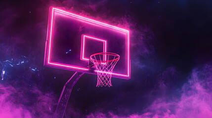 Neon lit basketball hoop art in pink and purple hues for modern design aesthetics