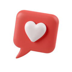 3d realistic red speech bubble icon with white heart symbol for social media engagement