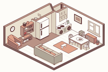 Cozy Isometric Living Room and Kitchen Interior Design Illustration