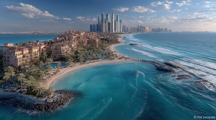 Panoramic aerial view of a pristine beach, luxury resorts, and modern skyscrapers, set against a vibrant azure ocean and partly cloudy sky