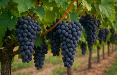 Fototapeta premium A bunch of purple grapes on a grape plantation.