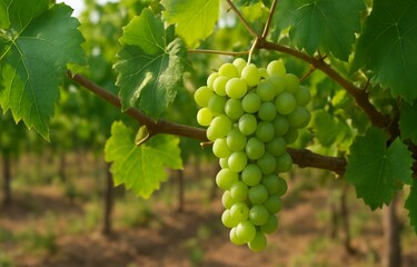 A bunch of green grapes on a grape plantation.