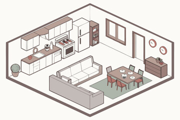 Cozy Isometric Living Room and Kitchen Interior Design Illustration