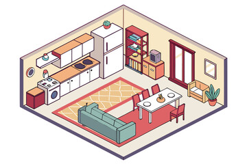Cozy Isometric Living Room and Kitchen Interior Design Illustration