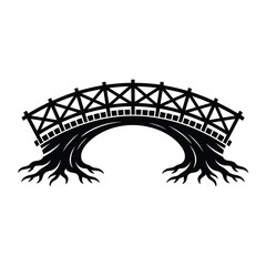 Whimsical wooden bridge supported by tree roots artistic illustration