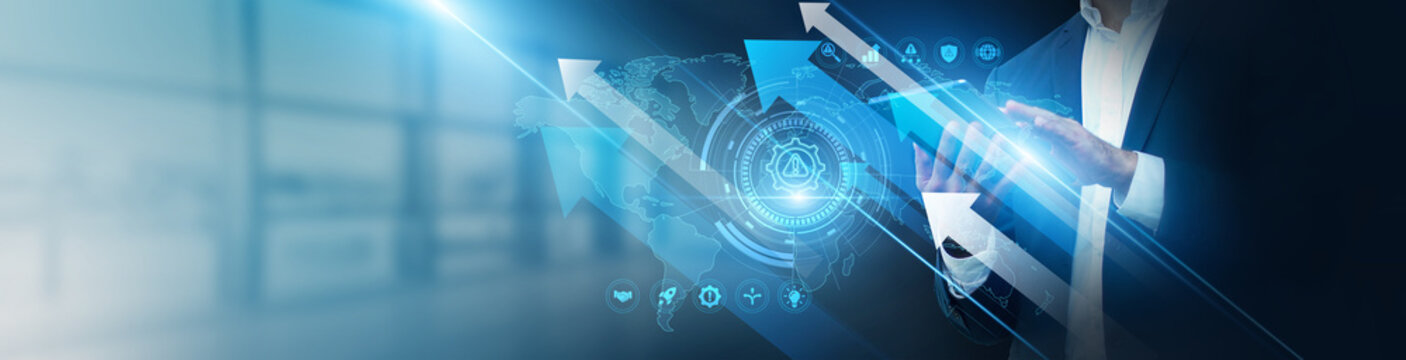 Risk analyst using tablet analyzing threat models and mitigation growth. Compliance checks, financial exposure, scenario planning, contingency strategies, and security measures.