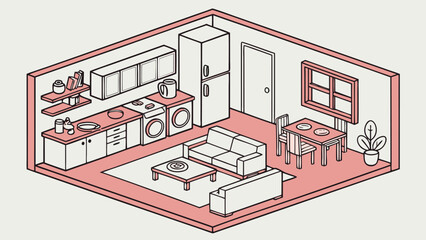 Cozy Isometric Living Room and Kitchen Interior Design Illustration