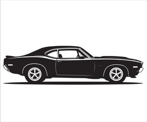 Silhouette of classic muscle car side view isolated on white background symbolizing vintage automobile, retro design, transportation, speed, power, and automotive culture illustration concept