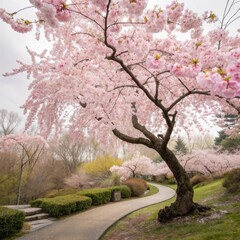 Fototapeta premium Delicate cherry blossom tree in full bloom, its pink petals creating a stunning display of spring beauty