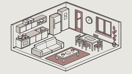 Cozy Isometric Living Room and Kitchen Interior Design Illustration
