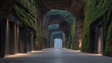 Obraz premium A long, paved walkway leads through a covered passageway with walls of rock and lush greenery, illuminated by subtle light features.