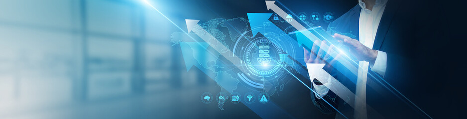 Web hosting administrator using tablet analyzing server uptime and resource utilization growth. Cloud infrastructure, security monitoring, bandwidth allocation, domain management, and system stability © AD