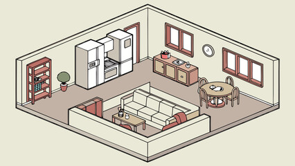 Cozy Isometric Living Room and Kitchen Interior Design Illustration