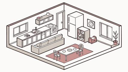 Cozy Isometric Living Room and Kitchen Interior Design Illustration