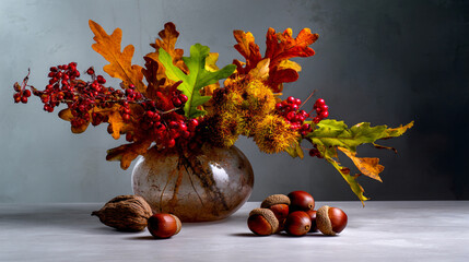 Autumn vibes with warm colors, fallen leaves, and serene outdoor moments in an artistic fashion scene