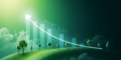 Arrow pointing upwards above bar graph and trees on a green hill with a cloudy background