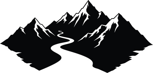 Mountain Range Silhouette with a River - Minimalist Landscape Graphic