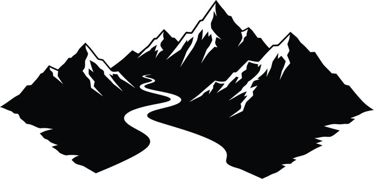 Mountain Range Silhouette with a River - Minimalist Landscape Graphic