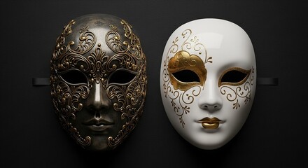 Ornate Venetian Masks with Gold Filigree on Black Background