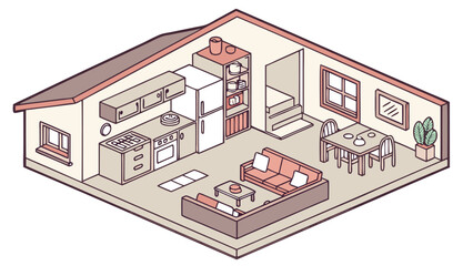 Cozy Isometric Living Room and Kitchen Interior Design Illustration