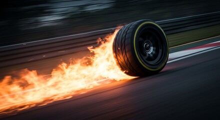 Flaming race tire on a track at high speed.