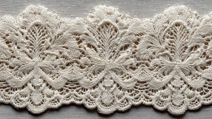 Handcrafted openwork knitted lace edging showcases intricate stitchwork and organic design, resting on simple, neutral linen