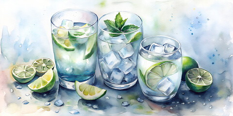 Watercolor Refreshing Summer Drinks with Lime Slices and Mint Leaves - Artistic Illustration of Cold Beverages Ice Cubes Cocktail Glasses - Tropical Bar Art