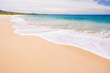 Sunny beach in Hawaii with golden sand, clear blue water under a bright sky
