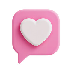 Pink speech bubble with a white 3d heart icon symbolizing love and approval