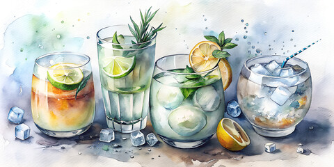 Watercolor Refreshing Summer Drinks with Lime Slices and Mint Leaves - Artistic Illustration of Cold Beverages Ice Cubes Cocktail Glasses - Tropical Bar Art