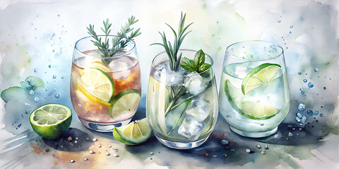 Watercolor Refreshing Summer Drinks with Lime Slices and Mint Leaves - Artistic Illustration of Cold Beverages Ice Cubes Cocktail Glasses - Tropical Bar Art