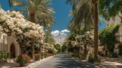 Sunny, paved street lined with palm trees and white flowers, leading to mountains