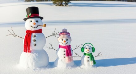 A family of snowmen, including a man, a woman, and a child, stand in a snowy field. Winter holiday concept for Christmas and New Year.