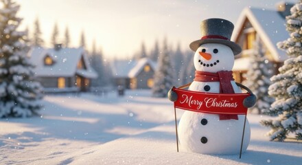Snowman in winter snowy village with Merry Christmas banner for greeting card and festive holiday season.