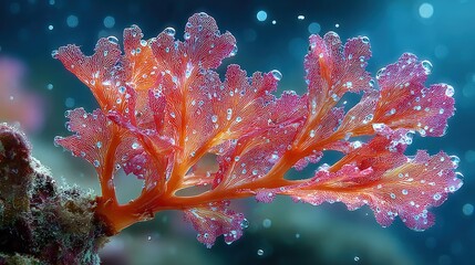 Close-up of vibrant coral-like seaweed with water droplets