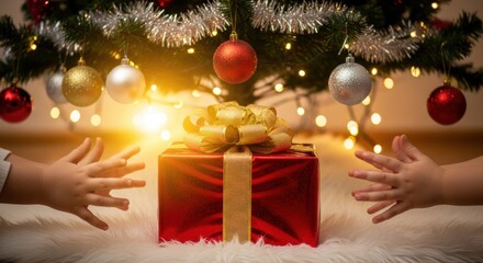 Child hands reaching for a red gift box with golden ribbon under a decorated Christmas tree with lights for holiday celebration.