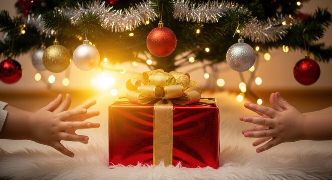 Child hands reaching for a red gift box with golden ribbon under a decorated Christmas tree with lights for holiday celebration.