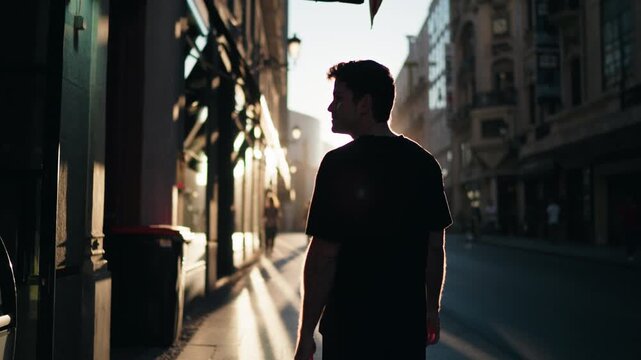 Man walking through shaded urban street at sunrise, captured in silhouette. Symbol of reflection, balance, and modern lifestyle in city atmosphere
