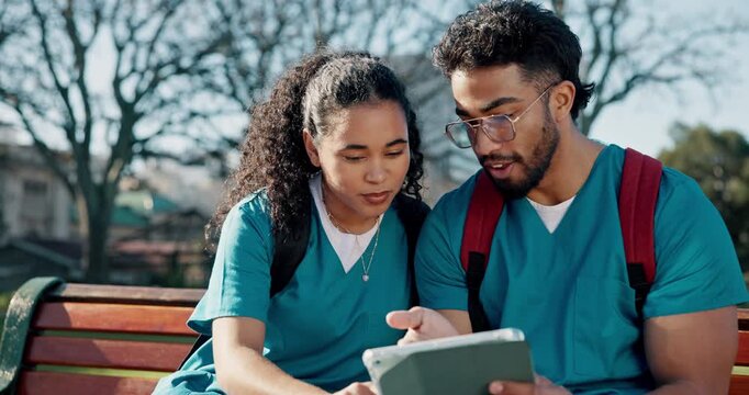 Doctors, students and tablet with people on campus for research team, medical residency and college. Healthcare internship, digital report and medicine program with friends in university for study