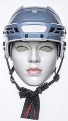A light slate-gray hockey helmet sits atop a mannequin head, accented by black straps and a subtle red design element.