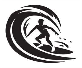 Silhouette of surfer riding a powerful ocean wave in dynamic action isolated on white background symbolizing adventure, sport, freedom, summer lifestyle, and extreme water sports concept