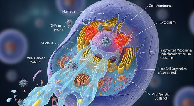 Scientific visualization of cellular infection, depicting a virus injecting genetic material for replication within the cytoplasm of a host cell