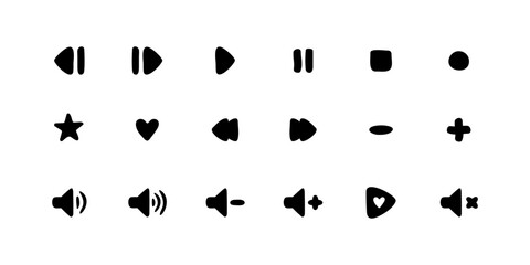 Doodle Music Media Player Icons Set. Hand Drawn Play, Pause, Stop, Volume, Equalizer Buttons. Minimalism style. Fun and simple outline design for music, video, audio apps, podcast interface, playlist