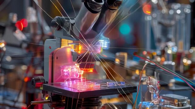 Illuminated microscope and advanced machine emitting light in a scientific laboratory setting