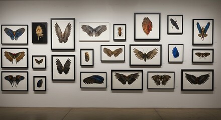 Framed insect wing prints arranged as a collection in an art gallery exhibition