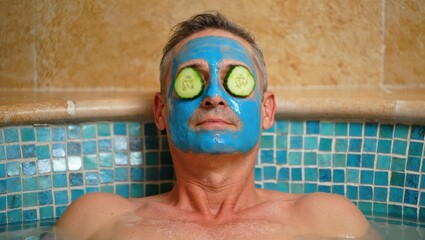 Middle aged man relaxing in spa bath with blue facial mask and cucumber slices on eyes.