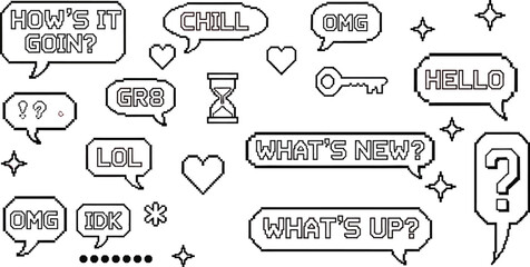 Pixel art chat bubbles illustration with text messages and icons
