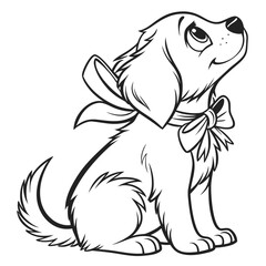 Cute puppy sitting with a bow, black and white coloring