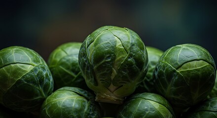 Fresh Green Brussels Sprouts Close-Up on Dark Background.